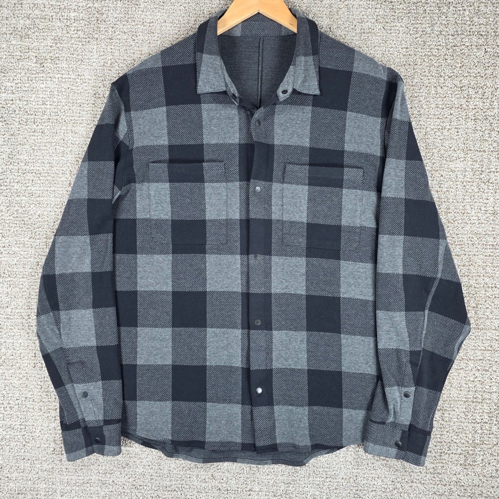 Lululemon Soft Knit Overshirt Flannel Shirt XXL Gray Black Plaid Snap Front